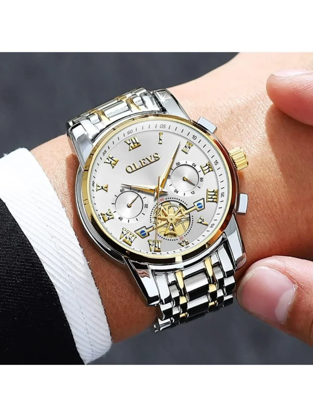 Olevs Men's Gold And White Multifunction Waterproof Luminous Chronograph Watch